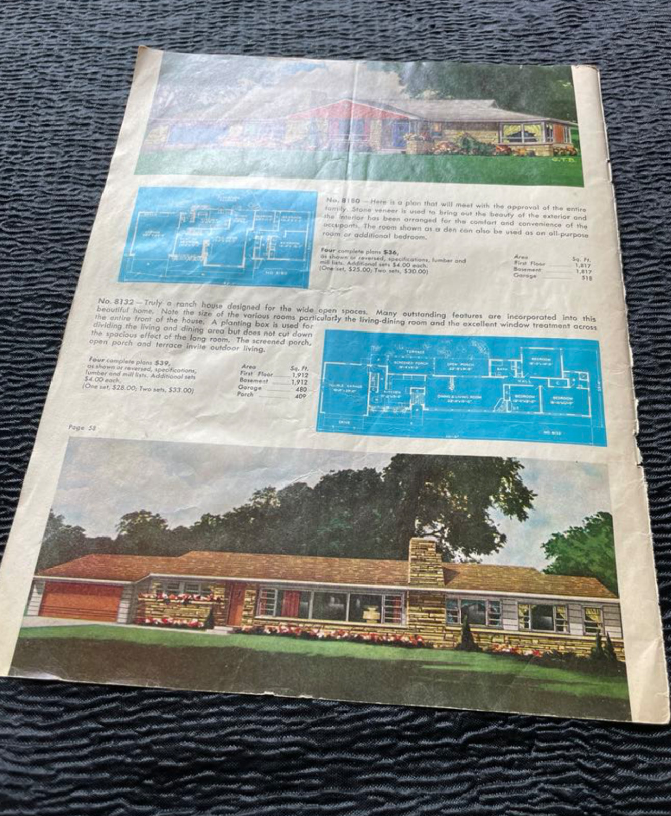 1950s Original ONE PAGE Home Designs Floor Plans No. 9722 5603 8180 8132