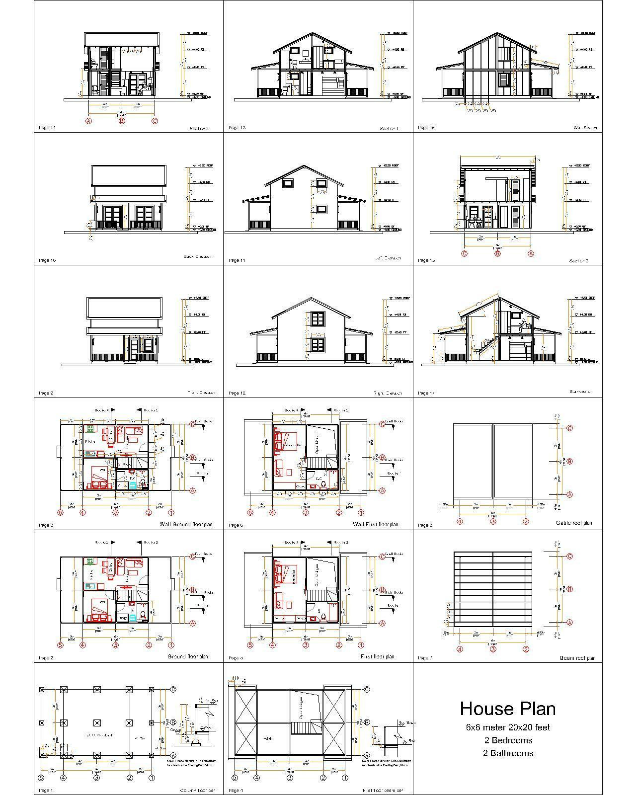 Simple House Design Plans 6×6 Meter 20×20 Feet 2 Bedrooms 2 Baths (A4 Hard Copy)