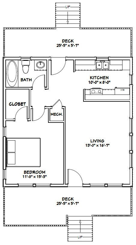 26×26 House — 1 Bedroom 1 Bath — 676 sq ft — PDF Floor Plan — Model 1A
