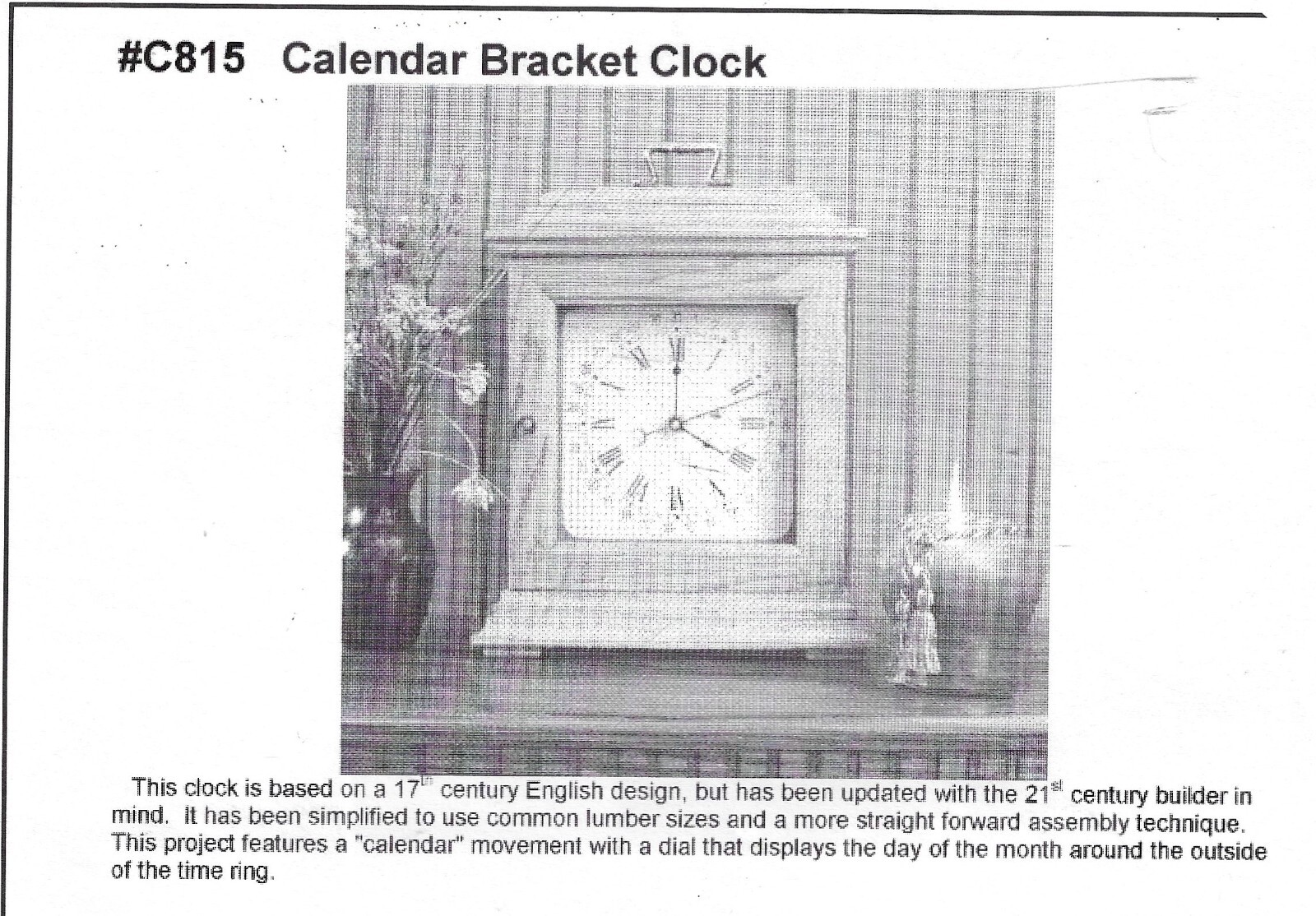 wood furniture plans~ Calendar Bracket Clock #C815