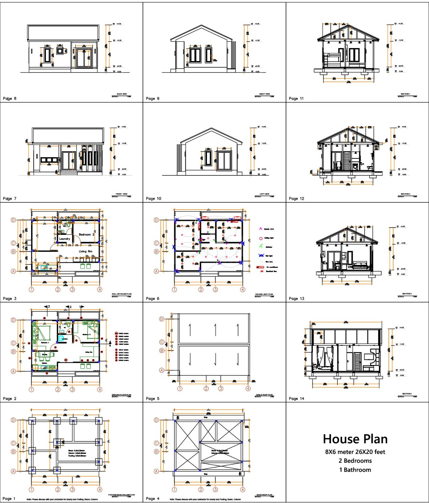 House Design Plan 8×6 Meter 26×20 Feet 2 Bedrooms Gable Roof PDF (A4 Hard Copy)