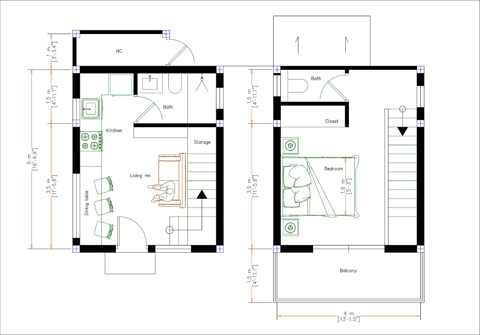 14×17 Feet Loft House Plan 4×5 Meter 1 Bed 1.5 Bath Shed Roof PDF & A4 Hard Copy