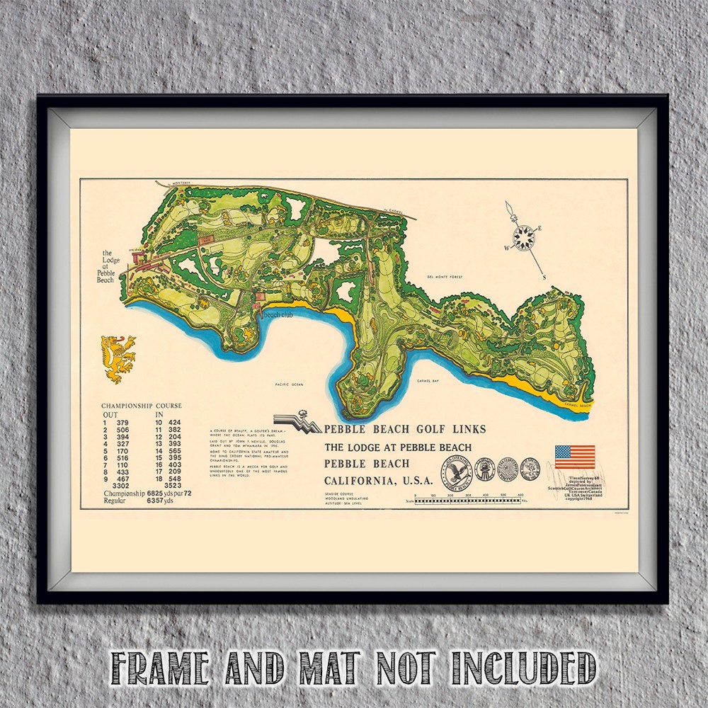 Pebble Beach Golf Links Vintage Course Map California Illustrated Wall Art