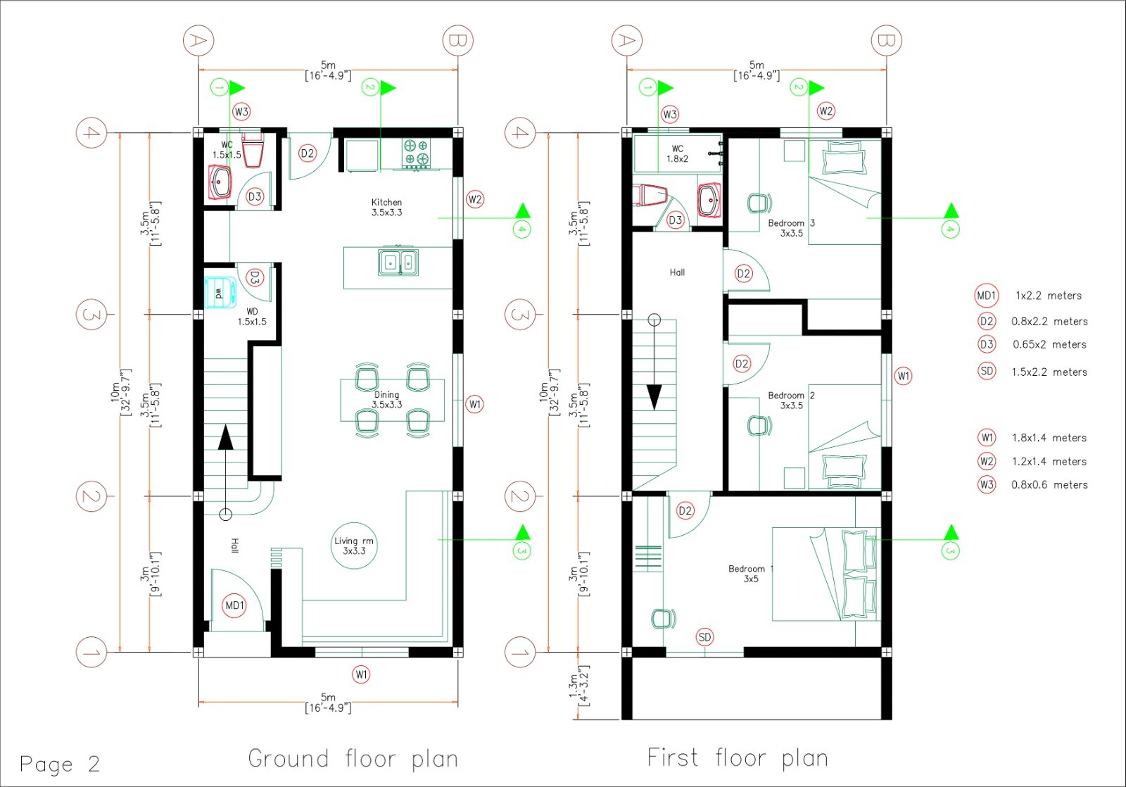 17×33 Feet Small House Plans 5×10 Meters 3 Bed 2 Bath PDF Plan &A4 Hard Copy