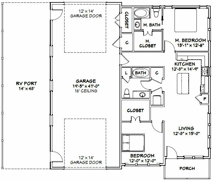 46×48 House – 2 Bedroom 2 Bath 1 RV – 1,157 sqft – PDF Floor Plan – Model 1B