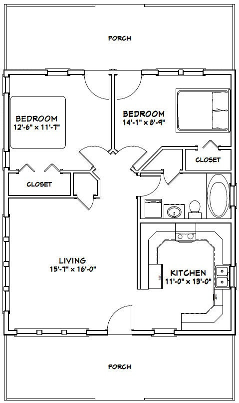 28×32 House — 2 Bedroom 1 Bath — 895 sq ft — PDF Floor Plan — Model 1D
