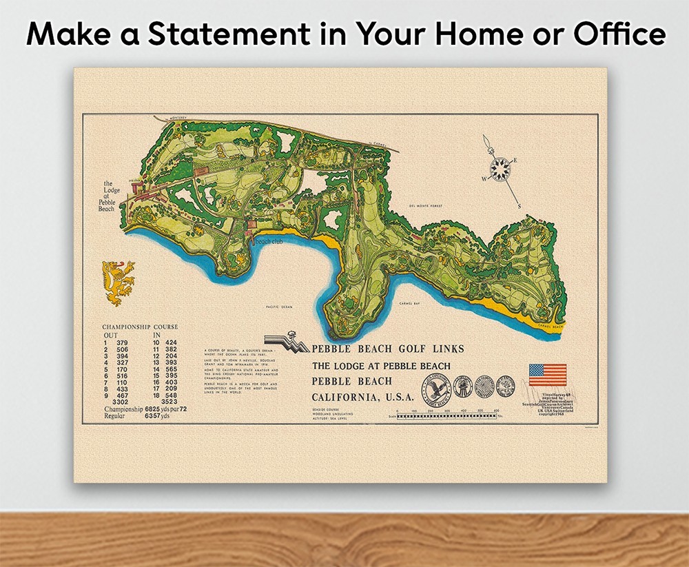 Pebble Beach Golf Links Vintage Course Map California Illustrated Wall Art