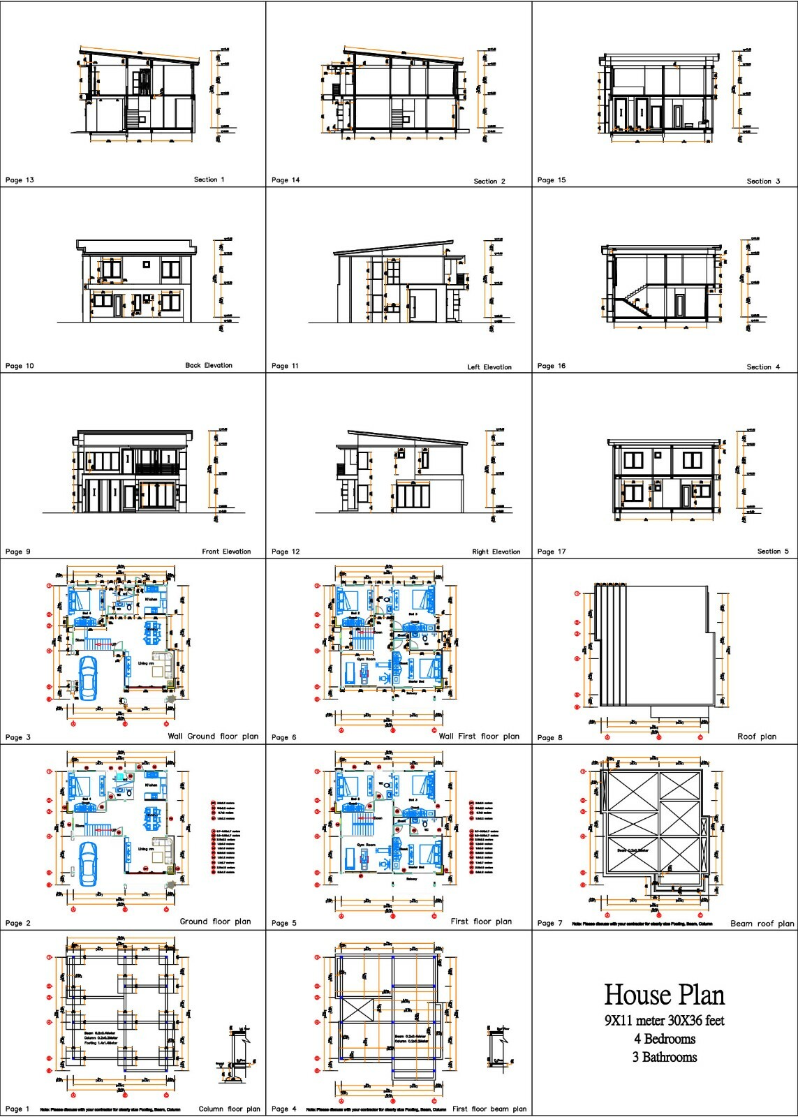 House Plans 9×11 Meter 30×36 Feet 4 Beds 3 Baths Shed Roof PDF (A4 Hard Copy)