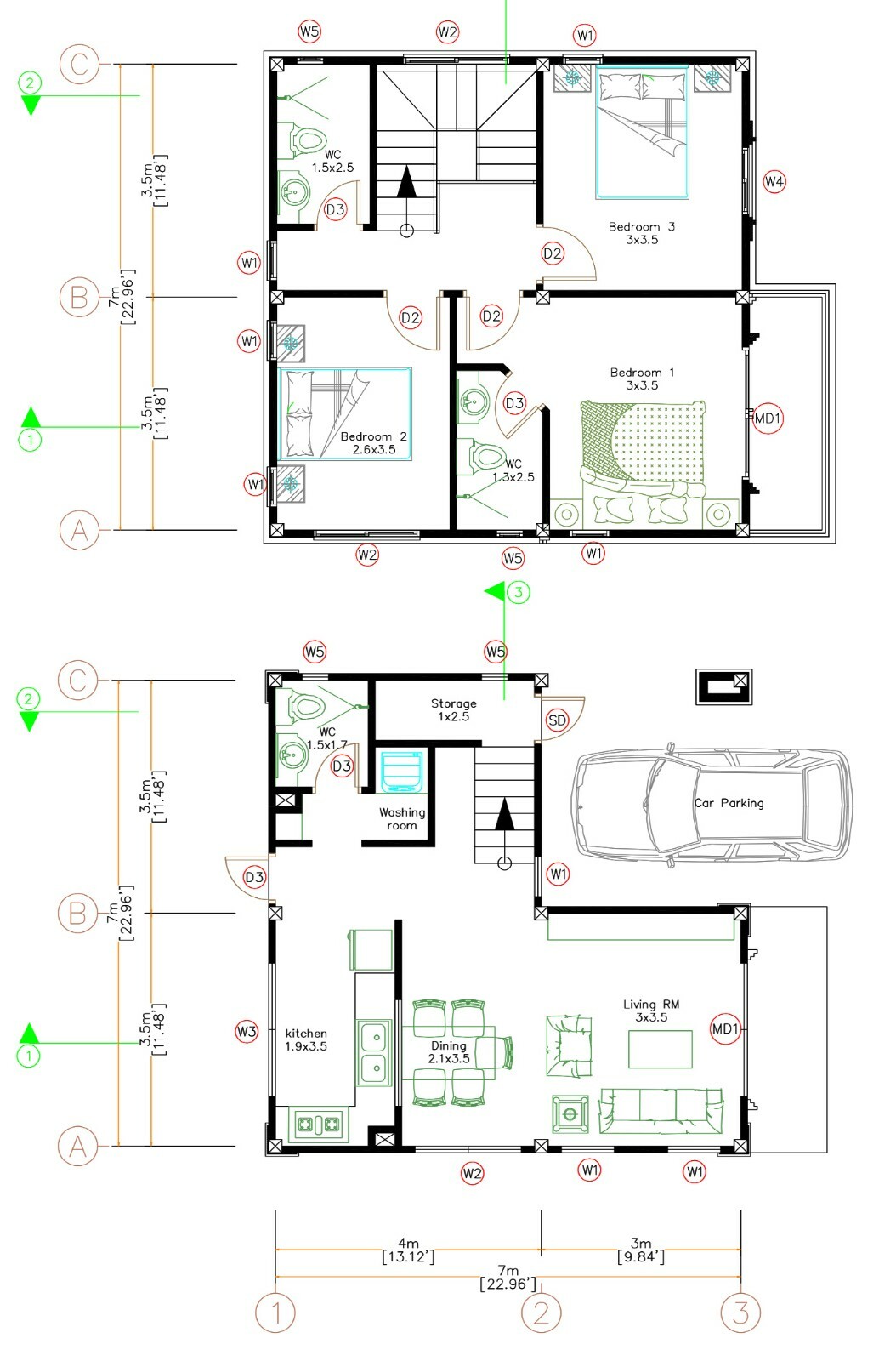 Custom House Plan 23×23 Feet 7×7 Meter 3 Beds 3 Bath Hip Roof PDF (A4 Hard Copy)