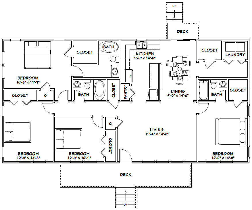 60×30 House — 4 bedroom 3 Bath — 1,800 sqft — PDF Floor Plan — Model 2B