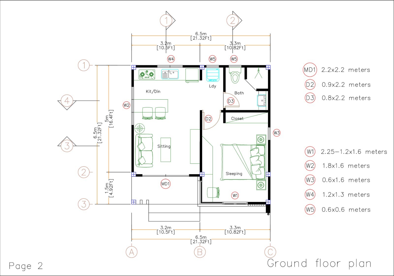21×21 Feet Tiny House Plans 6.5×6.5 Meter 1 Bed 1 Bath Shed Roof (A4 Hard Copy)