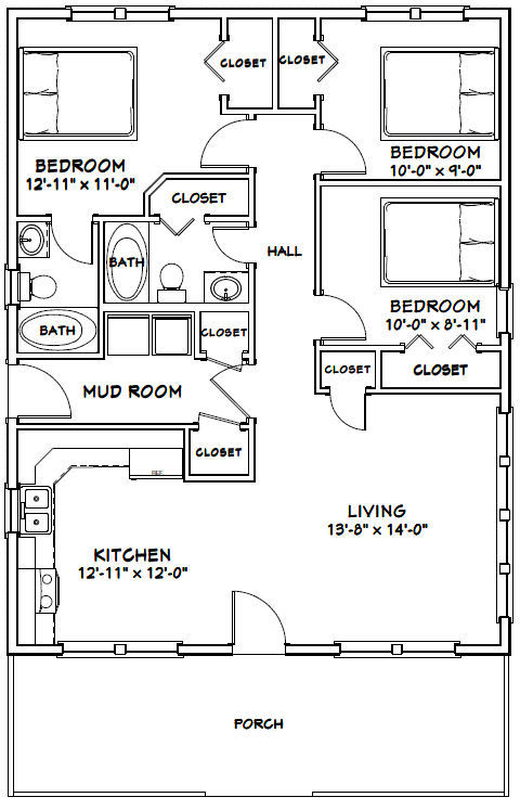 28×36 House — 3 Bedroom 2 Bath — 1,008 sq ft — PDF Floor Plan — Model 1D