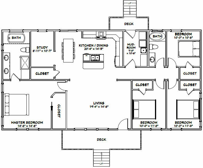 60×30 House — 4 bedroom 2 Bath — 1,800 sqft — PDF Floor Plan — Model 5