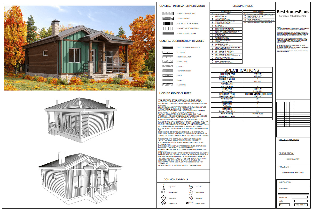 Charming Tiny House 1 Bed, 1 Bath, 583SF Architectural Build Plans PDF Download