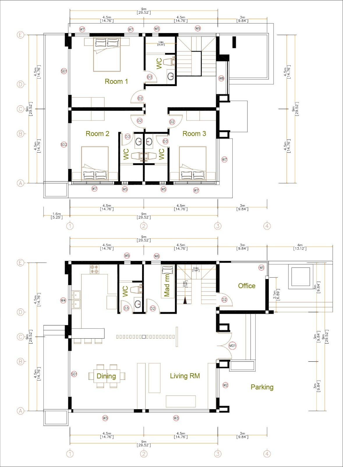 House Design Plan 9×9 Meter 30×30 Feet 3 Beds 4 Baths Slap Roof (A4 Hard Copy)