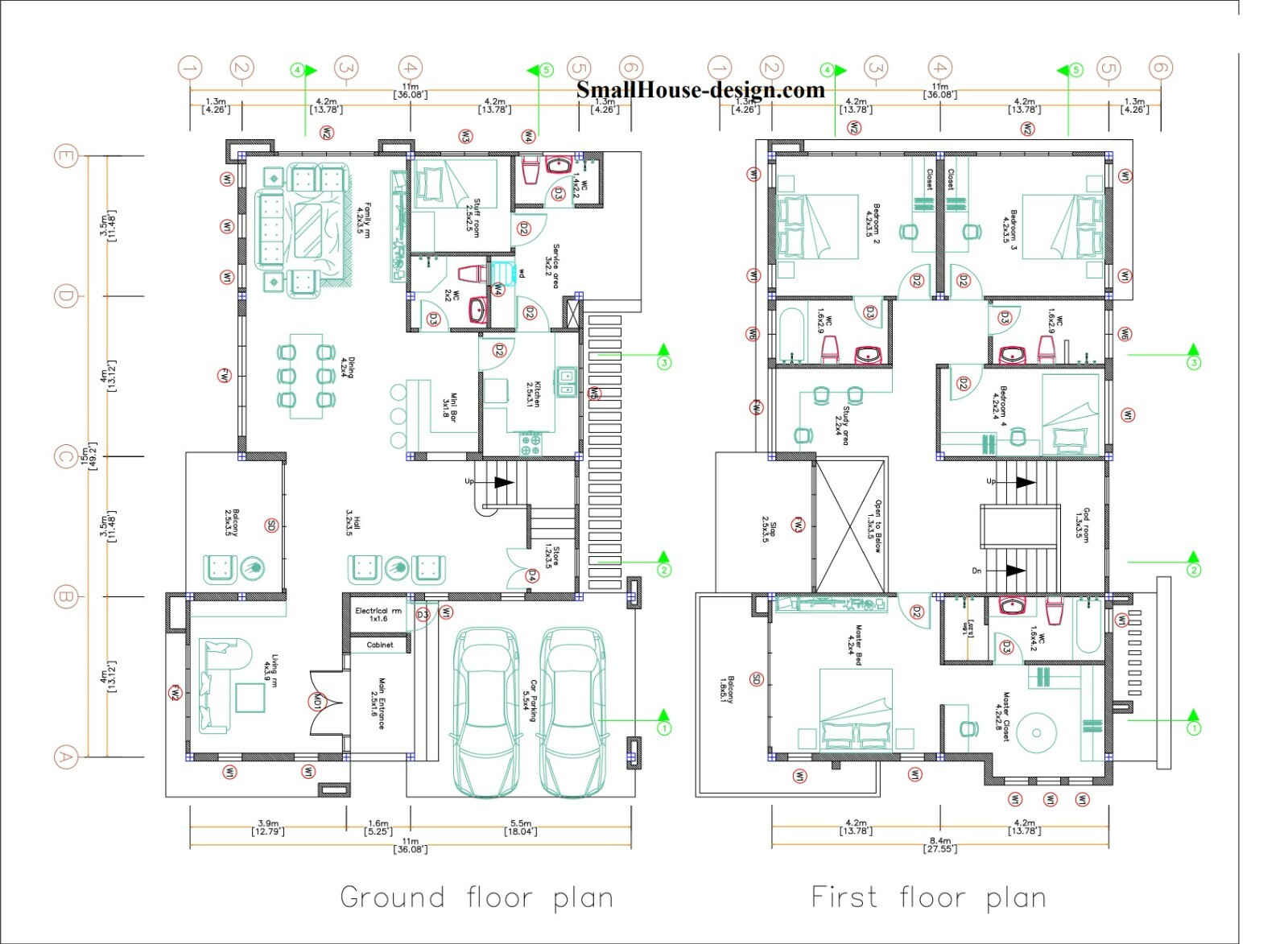 Small House Plan 11×15 M 36×49 Feet 5 Beds PDF Full Plan (A4 Hard Copy)