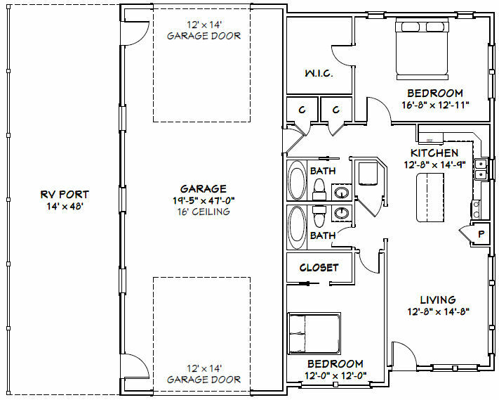 46×48 House – 2 Bedroom 2 Bath 1 RV – 1,157 sqft – PDF Floor Plan – Model 4E