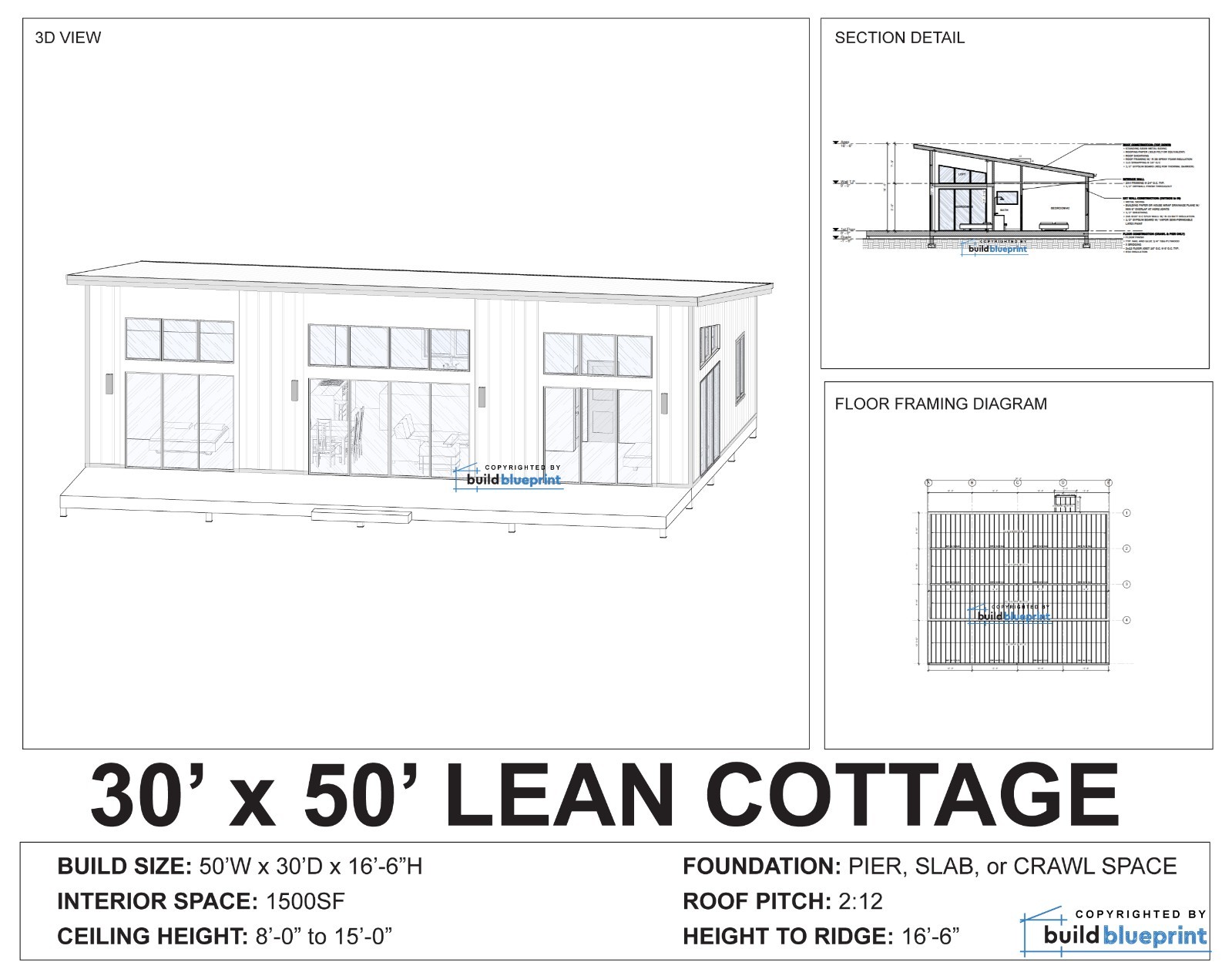 30×50 Lean Modern Cottage Custom Architectural Plans 1500SF – PDF Download