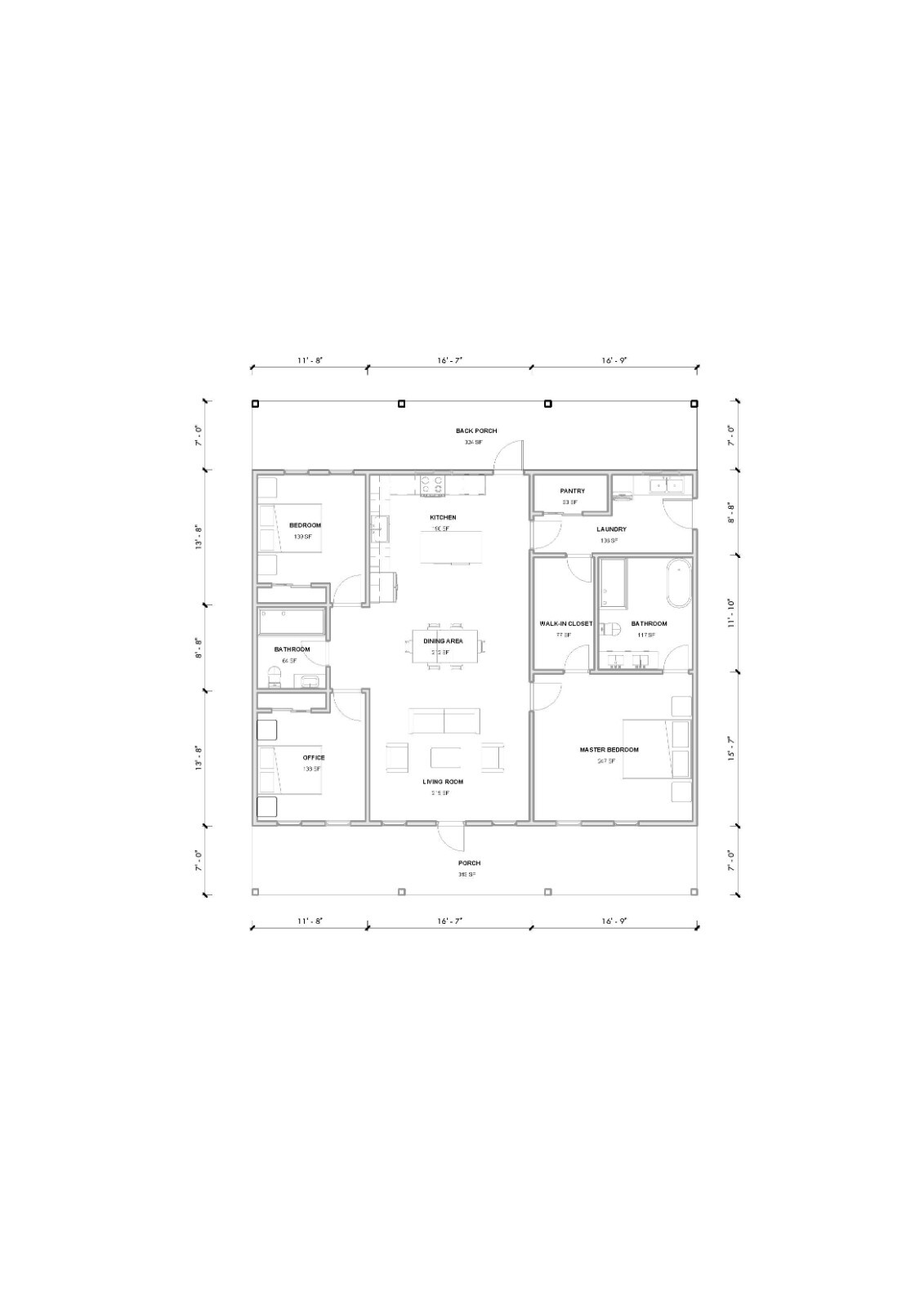 House Plan, 3 Bedroom 2 Bath Barndominium with Porch, 1620 sq ft | PDF DOWNLOAD