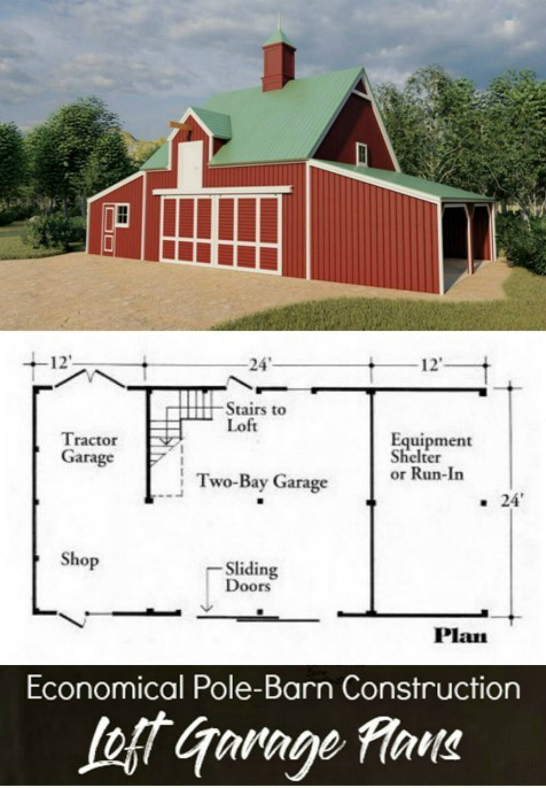 7 Different Car Barn Layouts With Lofts: Three Sets of Elm Barn Plans (eB-430×3)
