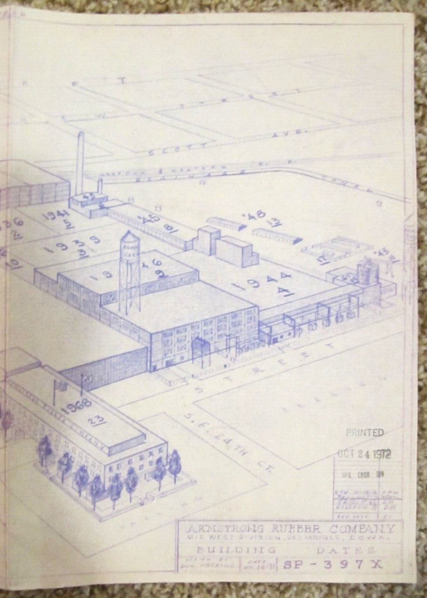 Vintage Architectural Drawing, Armstrong Tire Company, Des Moines, IA, Date 1972