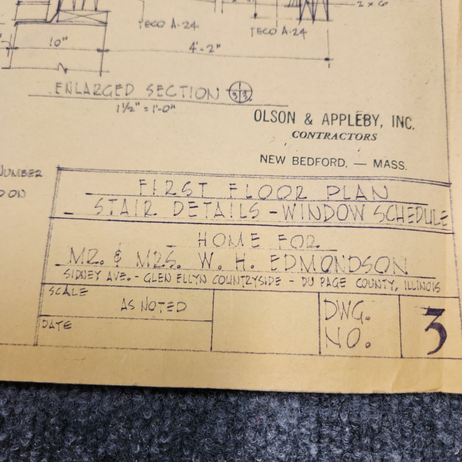 Vintage House Blueprint 33×17 1964 Mid Century Modern Drawing Art Glen Ellyn IL