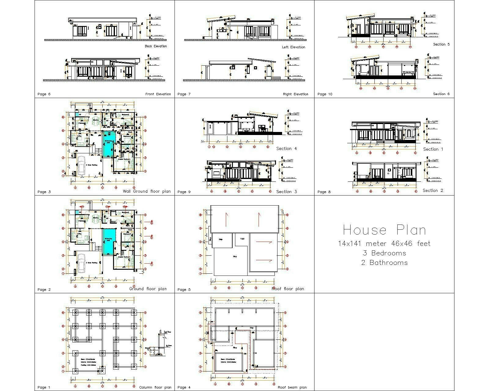 House Design with Pool 14×14 Meter 46×46 Feet 3 Beds 2 Baths Shed (A4 Hard Copy)