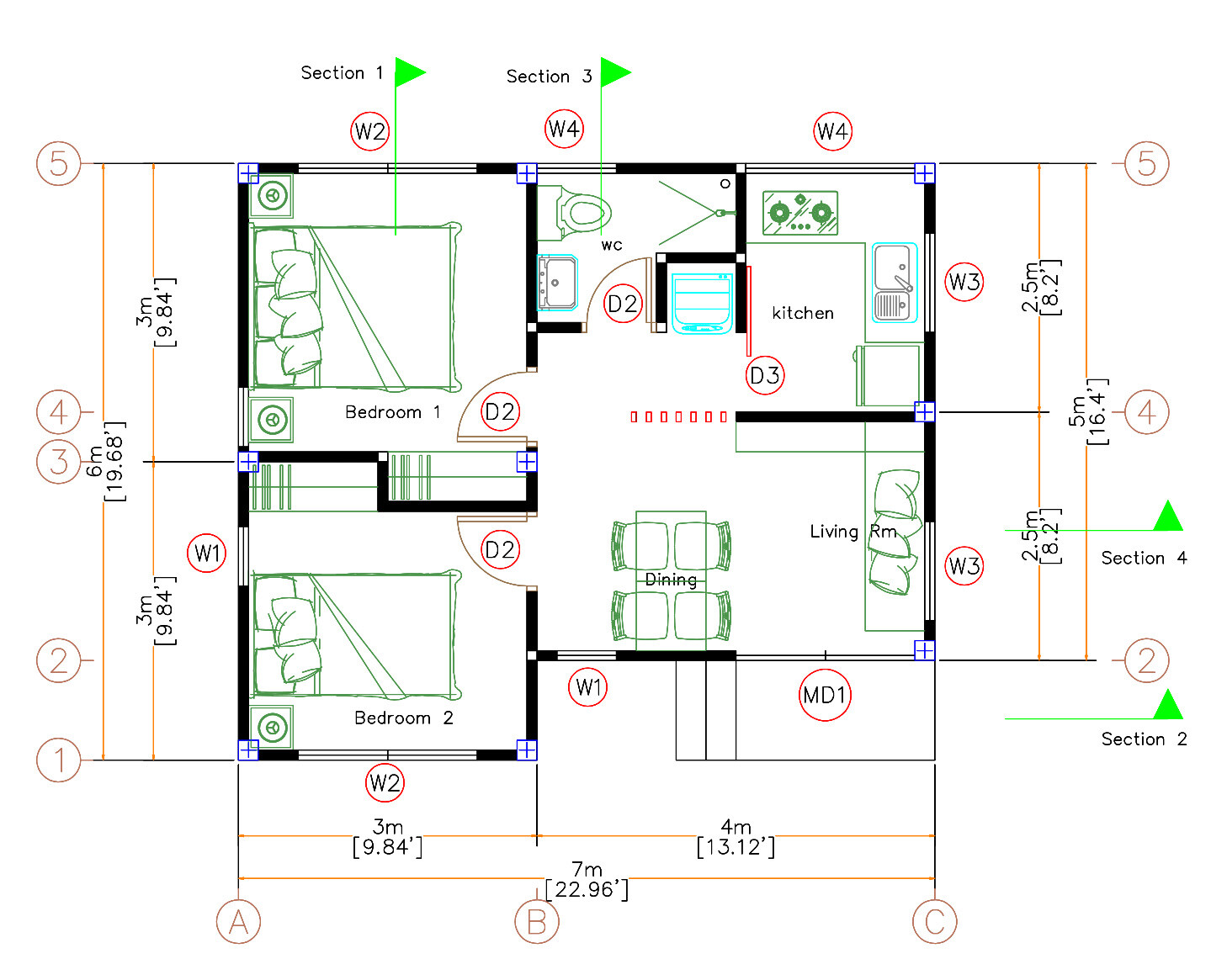 Custom Small House Plan 7×6 Meter 23×20 Feet 2 Beds 1 Bath Hip (A4 Hard Copy)