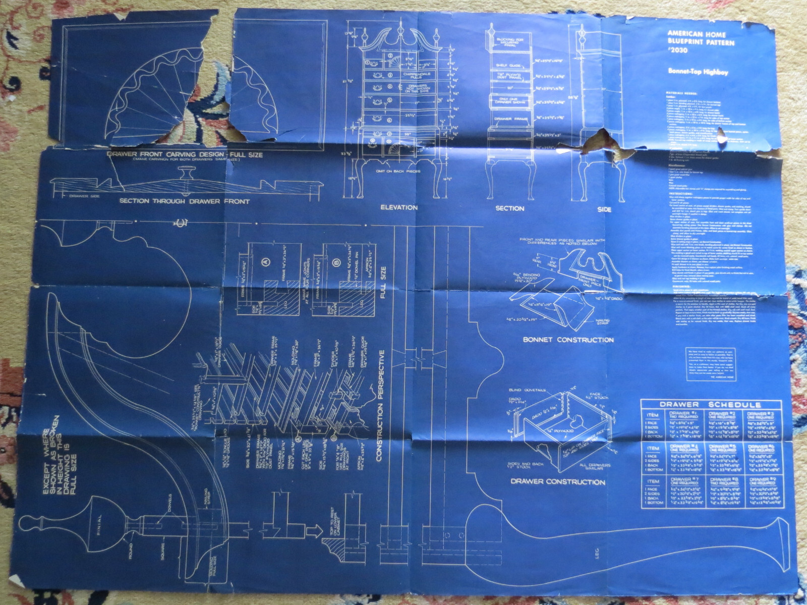 AMERICAN HOME FURNITURE BLUEPRINT Pattern # 2030 Bonnet Top High Boy