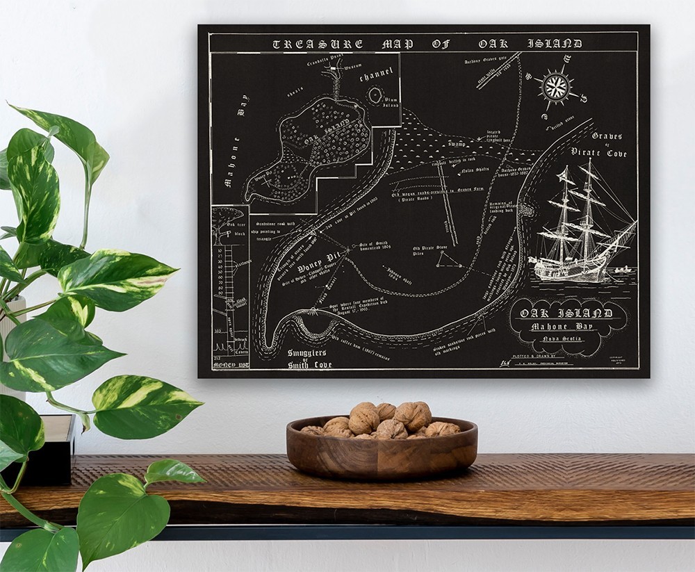 Oak Island Treasure Map Vintage Pirate Chart Nova Scotia Historic Wall Art