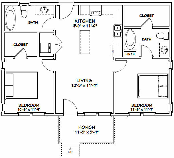 36×24 House — 2 Bedroom 2 Bath — 864 sq ft — PDF Floor Plan — Model 1D