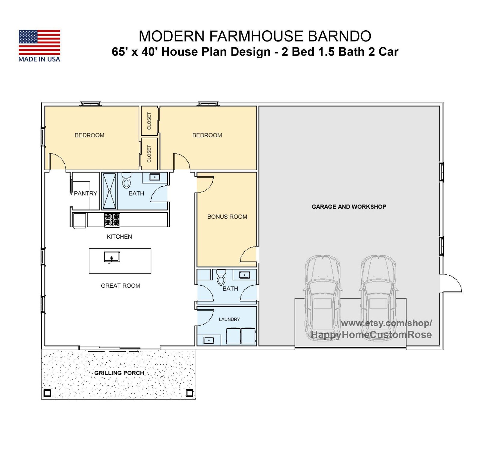 Great Ozark Homestead Barndominium – 40′ x 65′ House Plan Design – 2 Bed 1.5 Bat