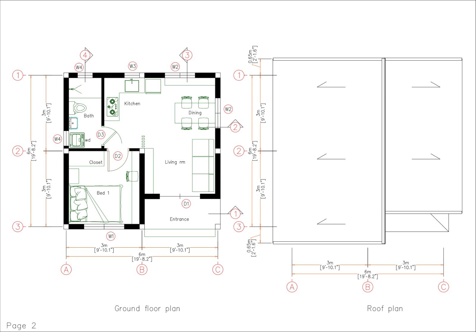 20×20 Feet Small House Plan 6×6 Meter 1 Bed 1 Bath Shed Roof PDF & A4 Hard Copy
