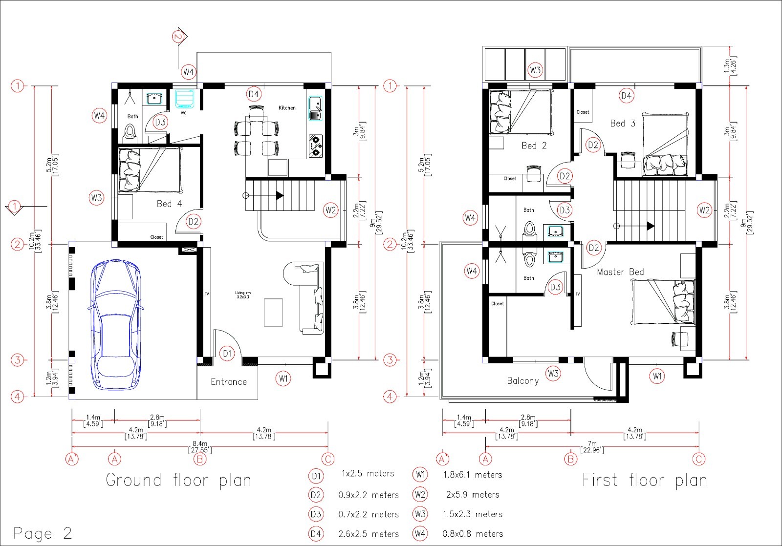 28×34 Feet House Design Plan 8.4×10.2 Meter 4 Bed 3 Bath PDF, CAD &A4 Hard Copy