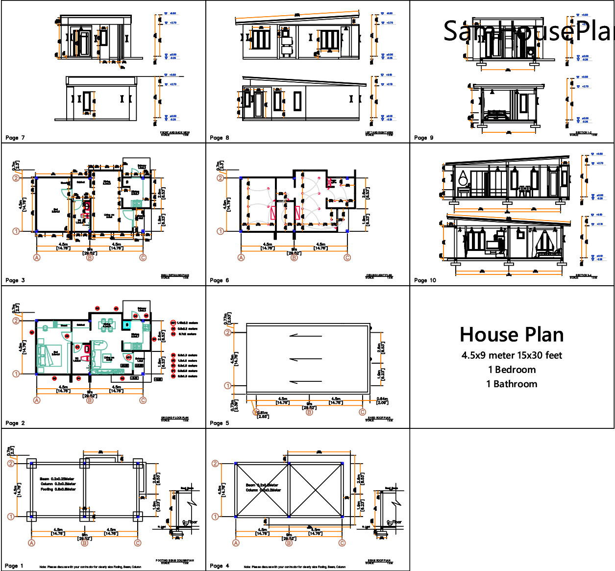 15×30 Feet Small House Plan 4.5×9 Meter 1 Bed 1 Bath Shed Roof (A4 Hard Copy)