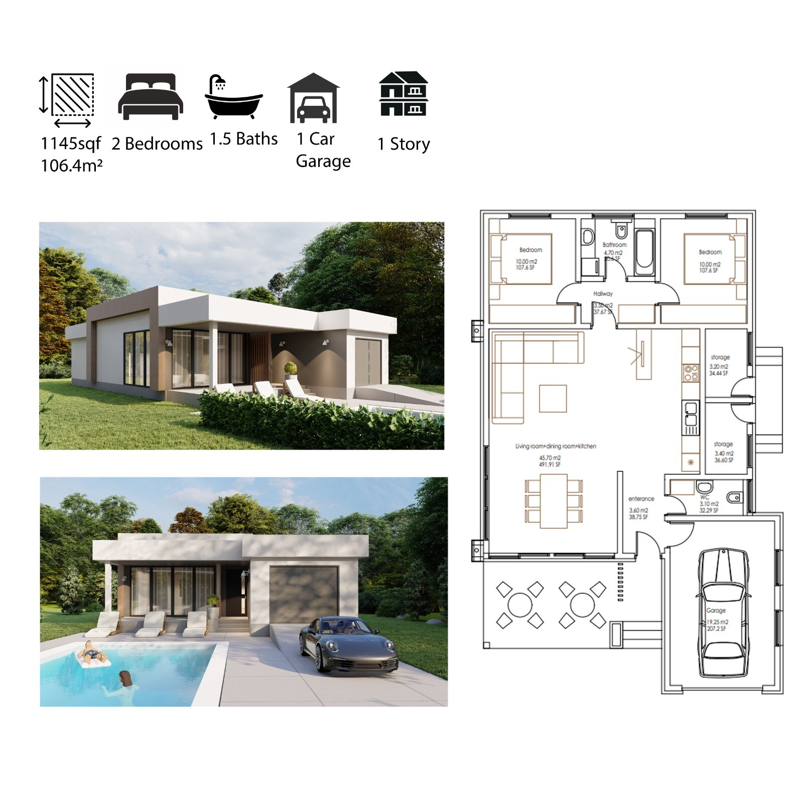 Modern 2 Bedroom 2 Bathroom House Floor Plan Flat Roof, 1145 Square Feet/106 m2