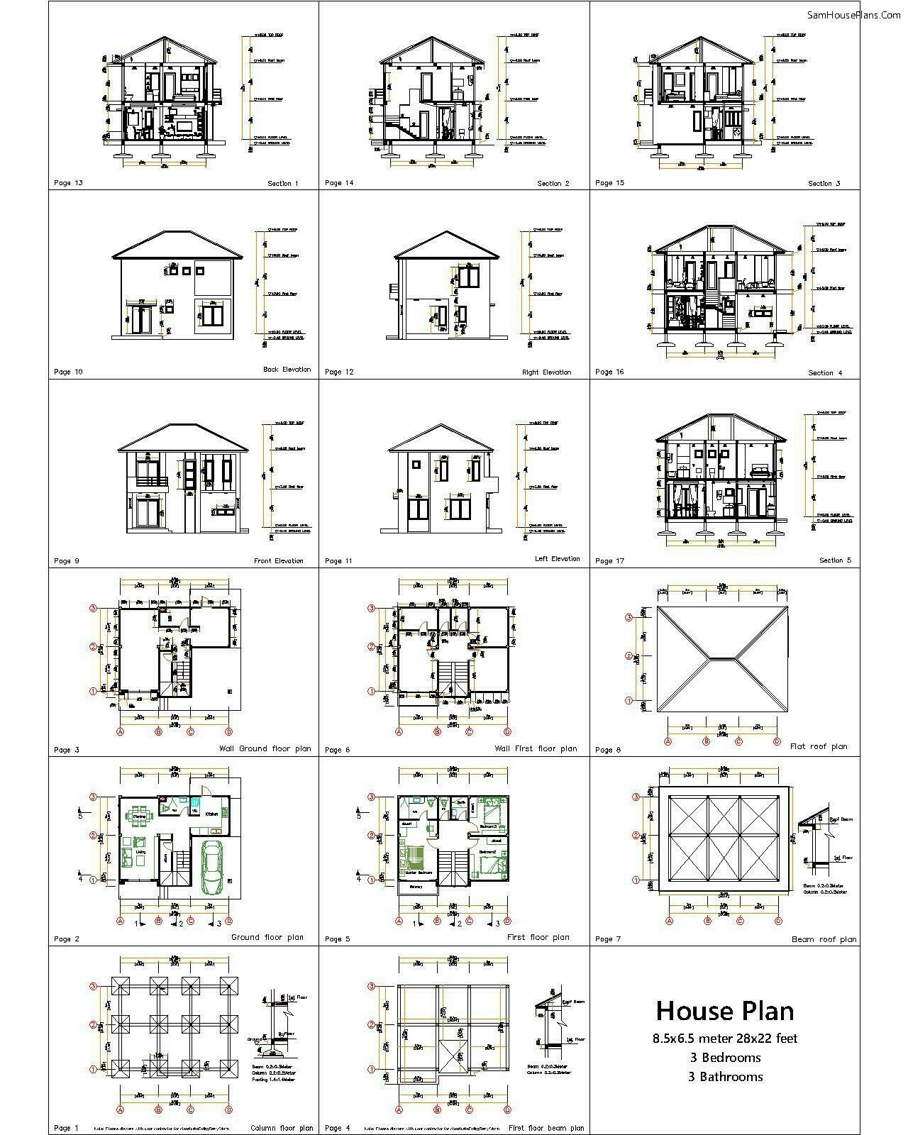 28×22 Feet House Plans Design 8.5X6.5 Meter 3 Beds 3 Baths Hip (A4 Hard Copy)