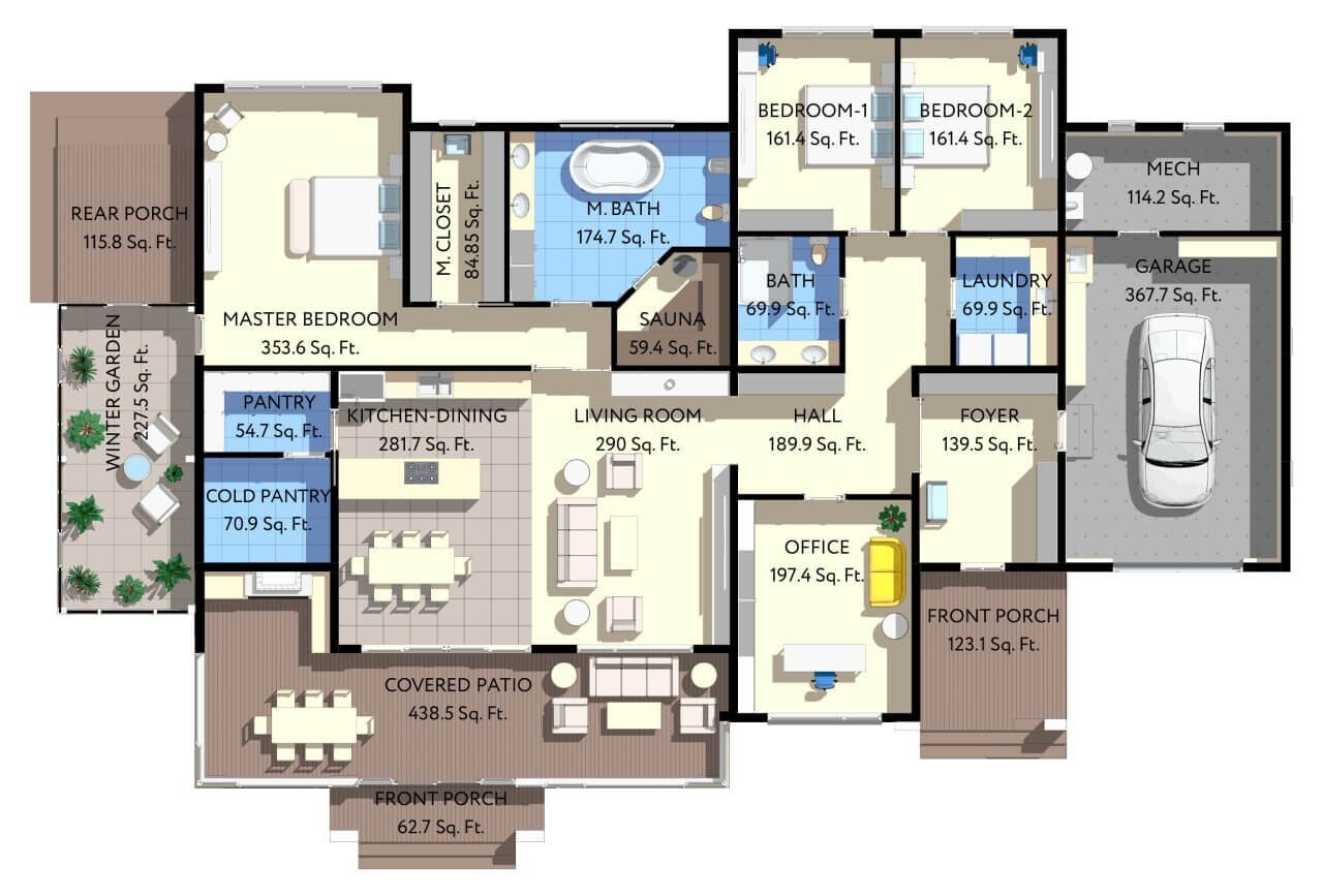 90’x55’ 3 Bed, 2 Bath, Garage, Porch, Architectural House Plans PDF Download.