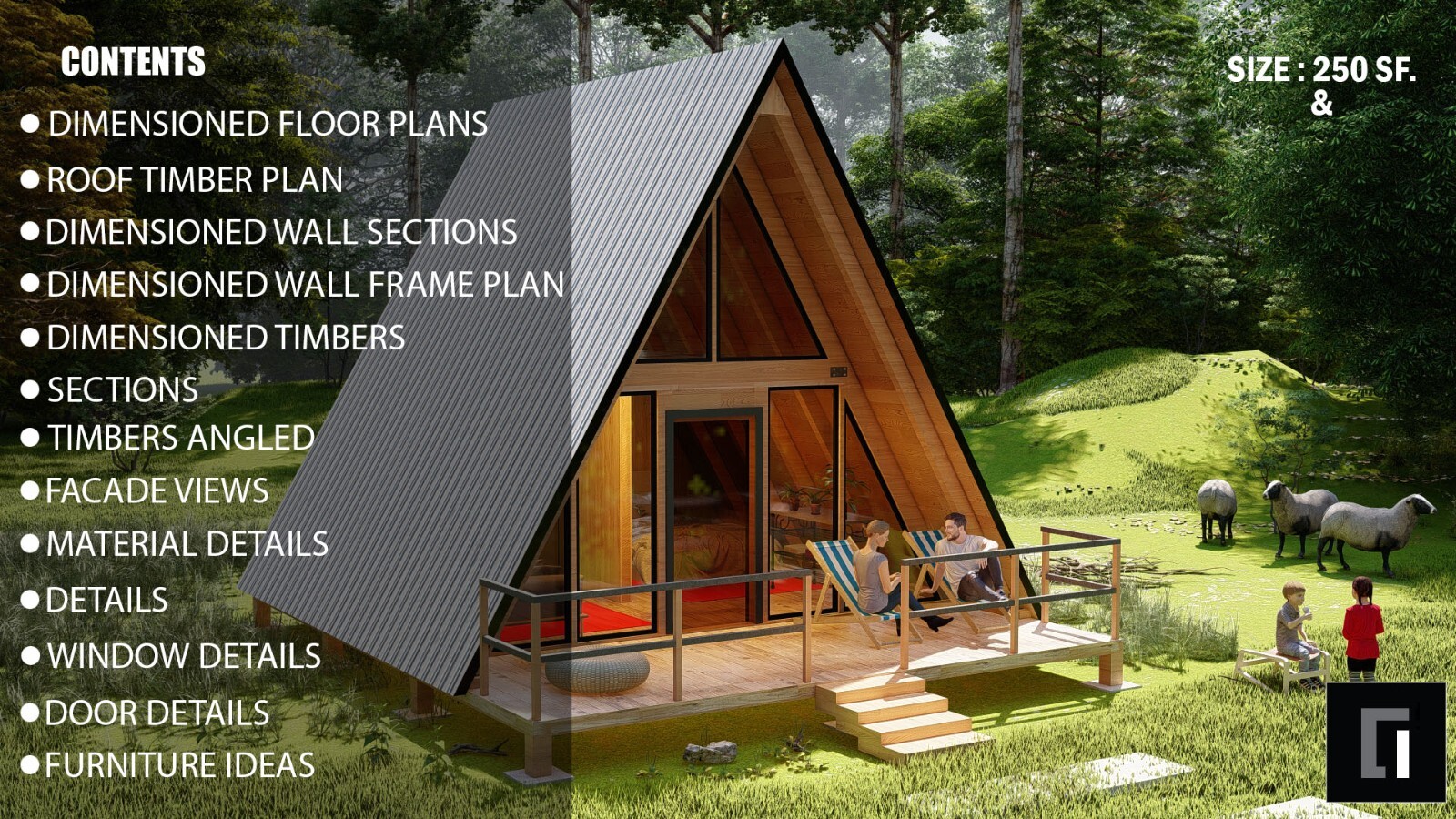 A-Frame House Cabin Plans -250SF- Blueprints – Modern, Bathroom and Loft