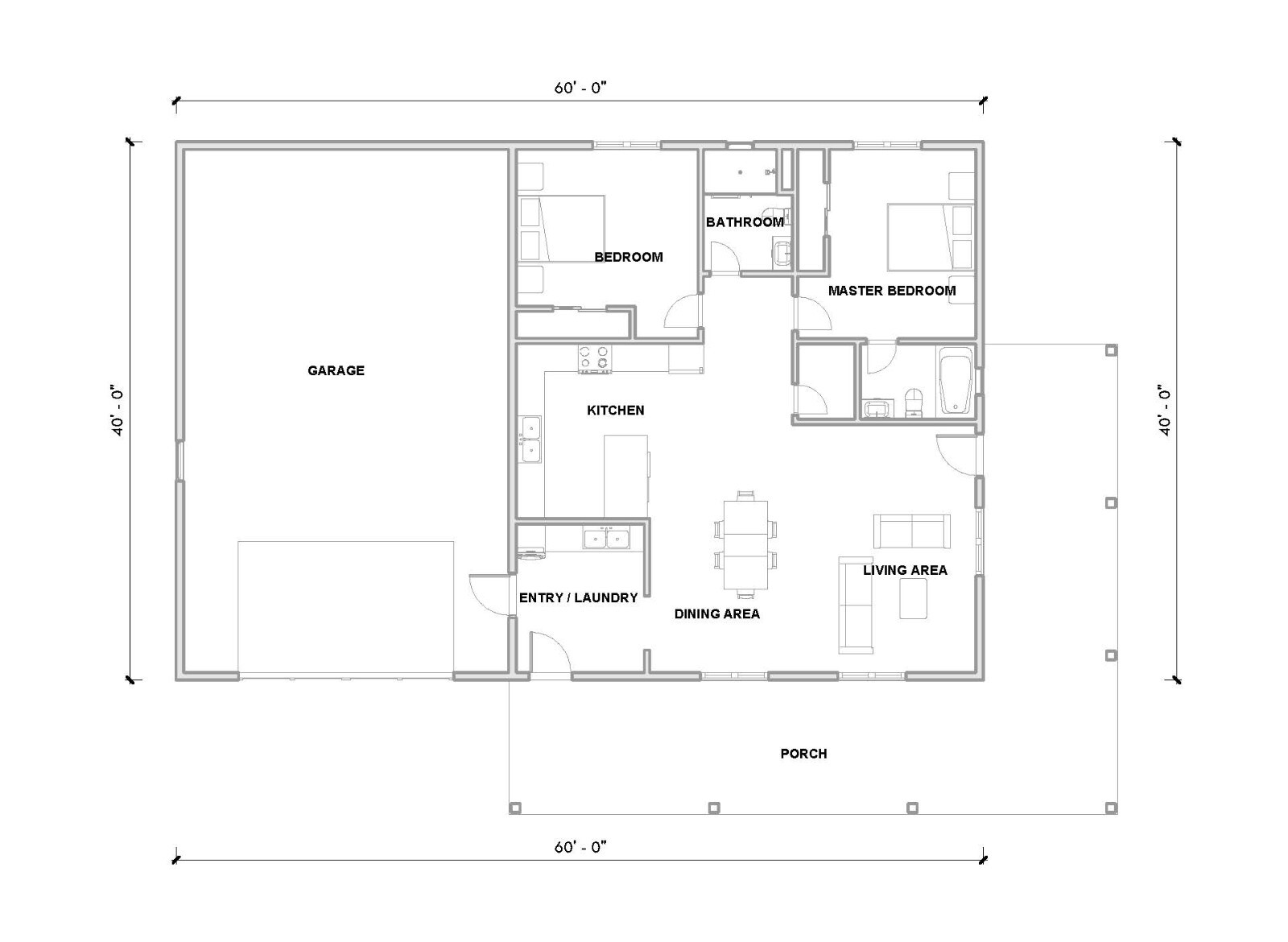 House Plan, 2 Bedroom 2 Bath with Porch & Garage, 40’x60′ floor plan | PDF