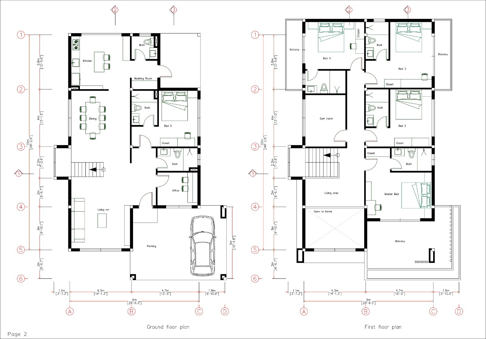 30×49 Feet House Plans 9×15 Meter 5 Beds 7 Baths Terrace Roof PDF (A4 Hard Copy)