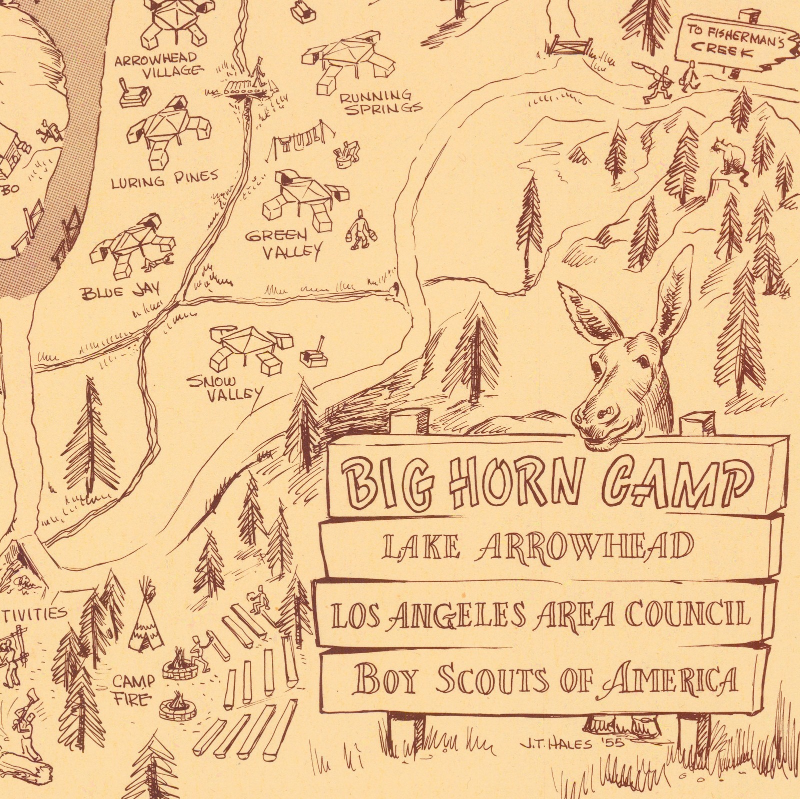 Big Horn Camp Lake Arrowhead 1955 Vintage Scout Camp Illustrated Map Wall Art