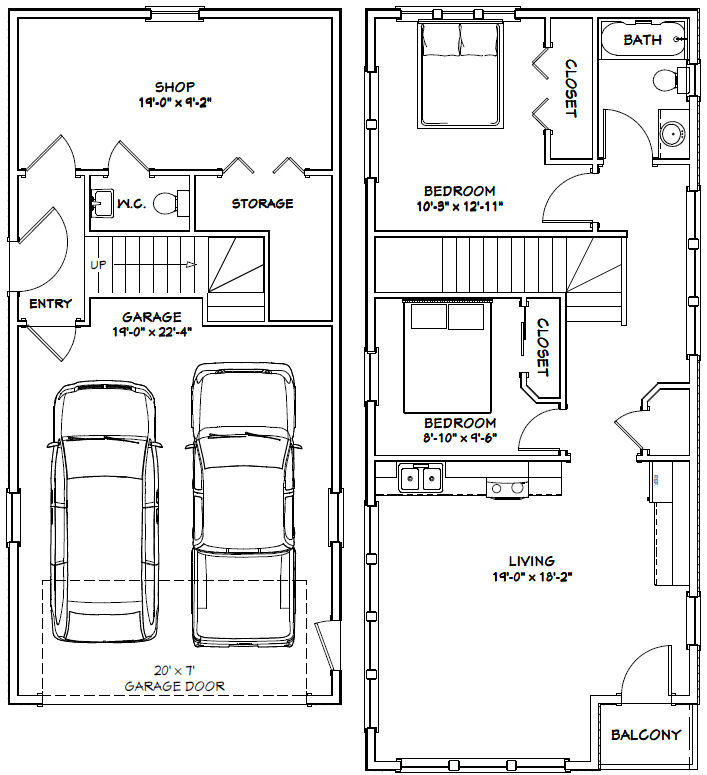 20×42 House – 2 BR 1.5 Bath – 2 Car Garage 1,153 sq ft- PDF FloorPlan – Model 2
