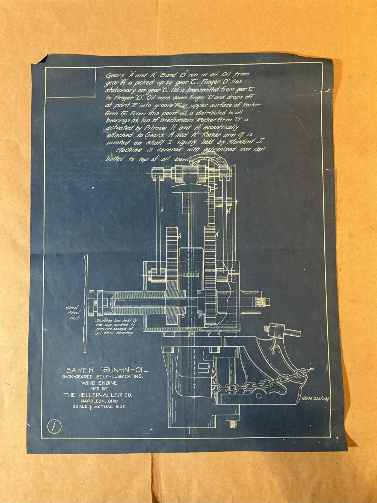Early 1900s Blueprint For Wind Engine Heller Aller Co. Napoleon OH INV-AO14