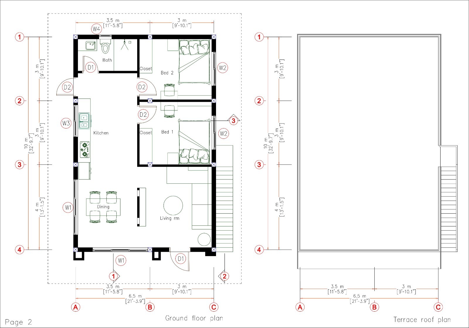 21×33 Feet Small House Plan 6.5×10 Meter 2 Beds 1 Bath Terrace PDF &A4 Hard Copy