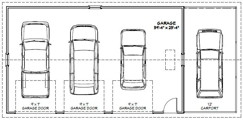 40×24 3-Car Garage w/ Carport — 960 sq ft — PDF Floor Plan — Model 1E