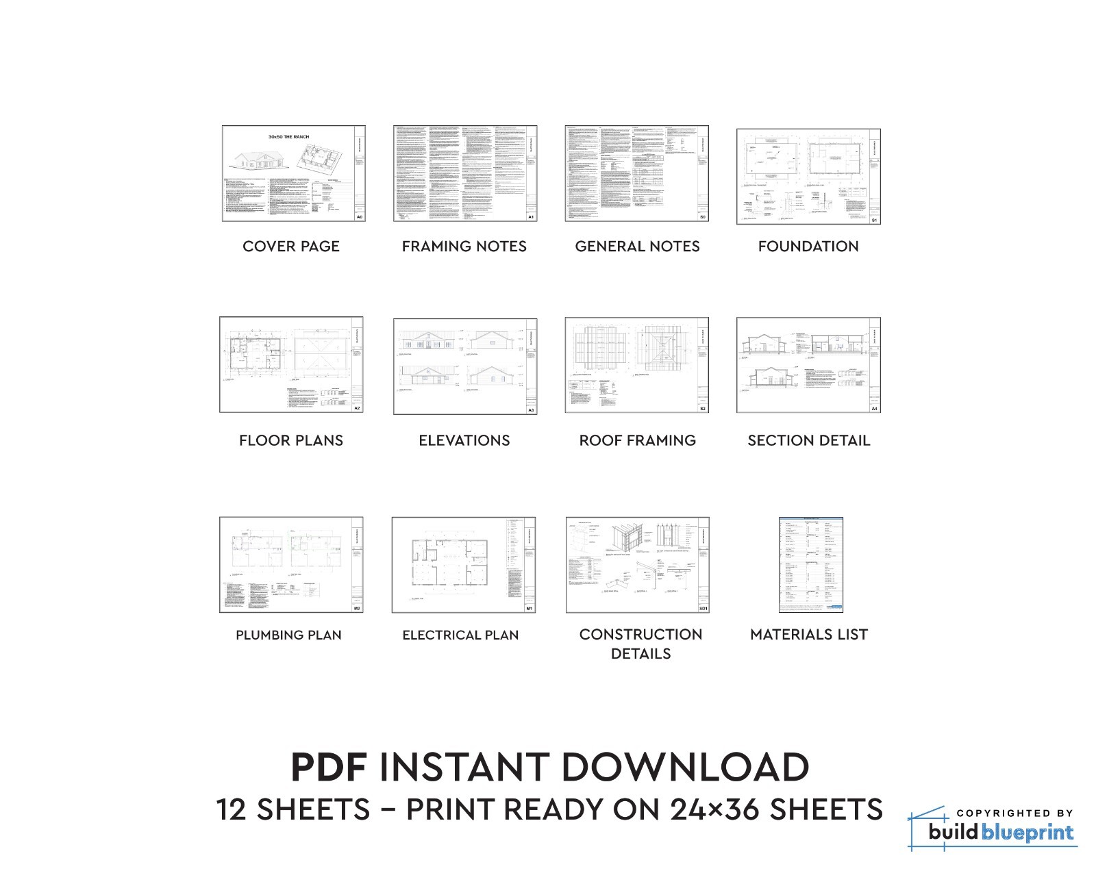 30×50 Modern Farmhouse Custom Architectural Plans 1500SF – PDF Download