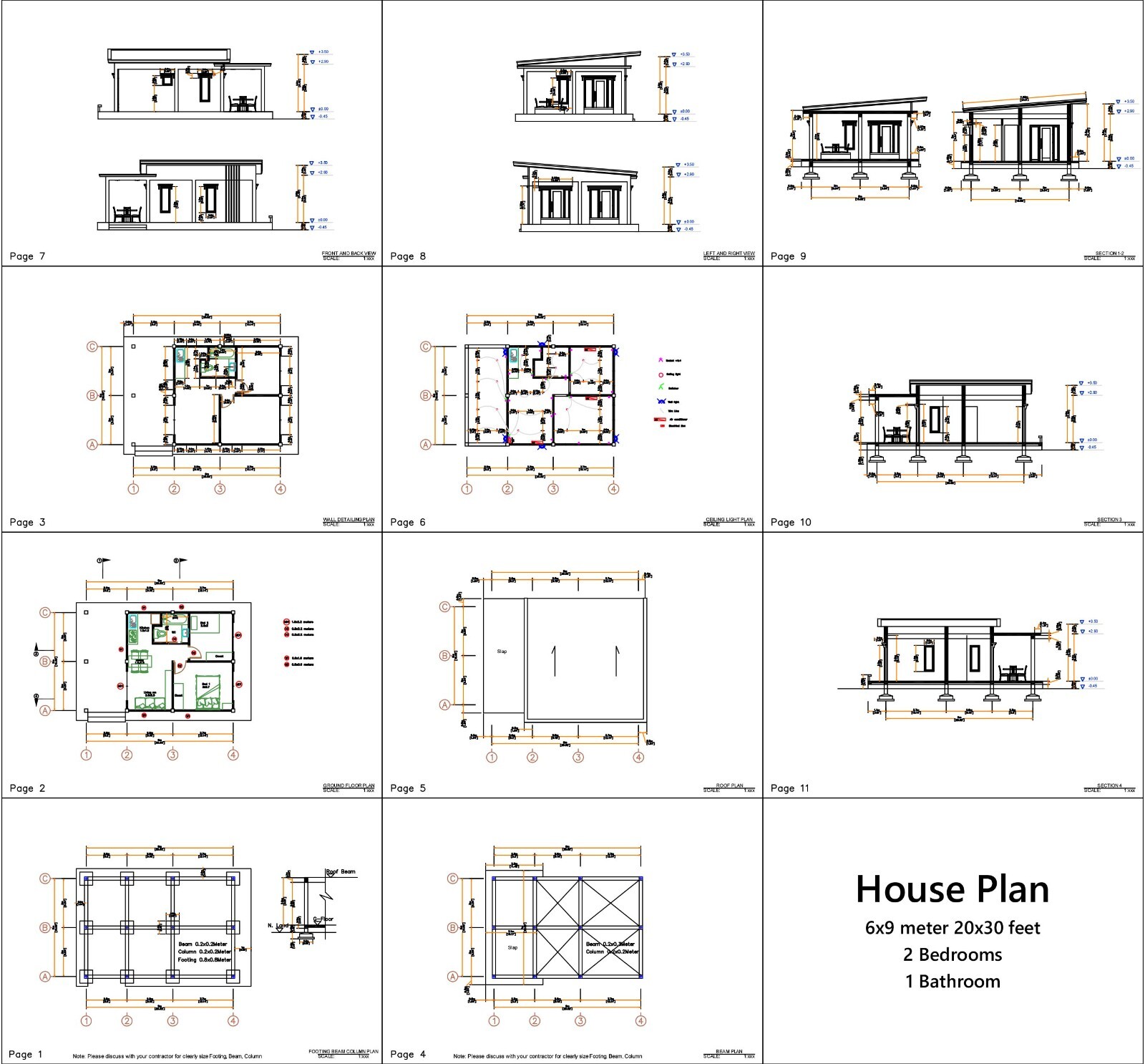 30×20 Feet Small Home Floor Plans 9×6 Meter 2 Beds 1 Bath Shed (A4 Hard Copy)