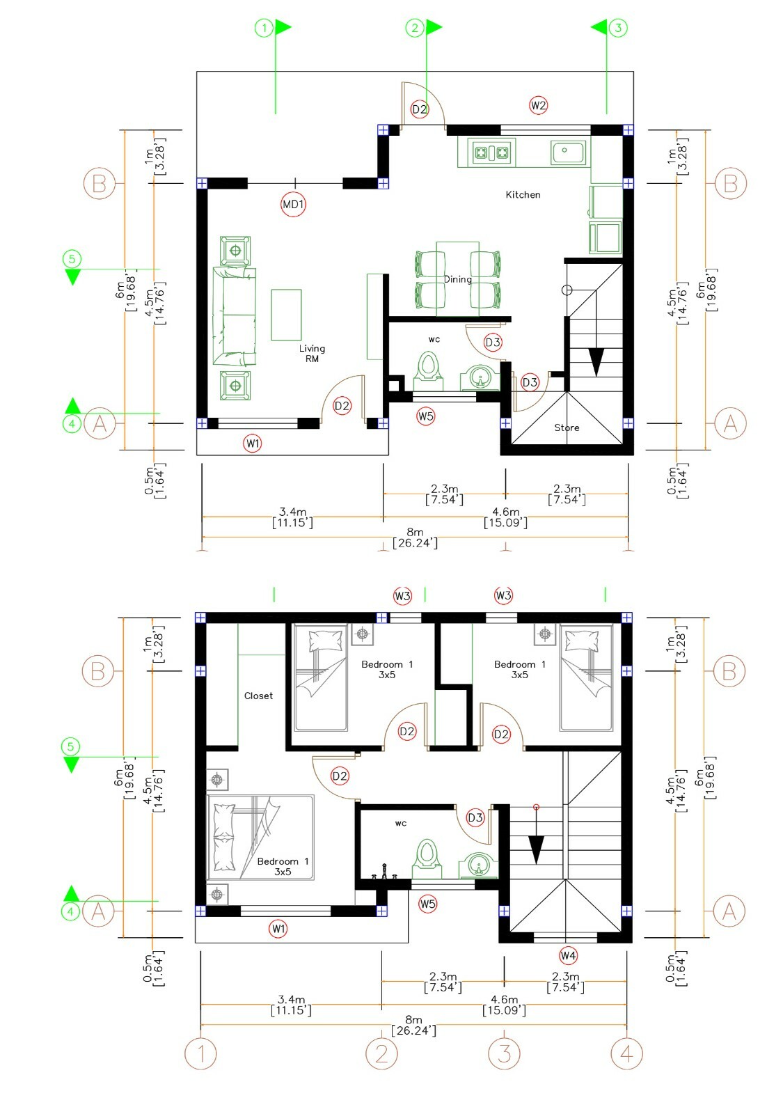 Custom Small House Plan 26×20 Feet 8×6 Meter 3 Beds 2 Baths Hip (A4 Hard Copy)
