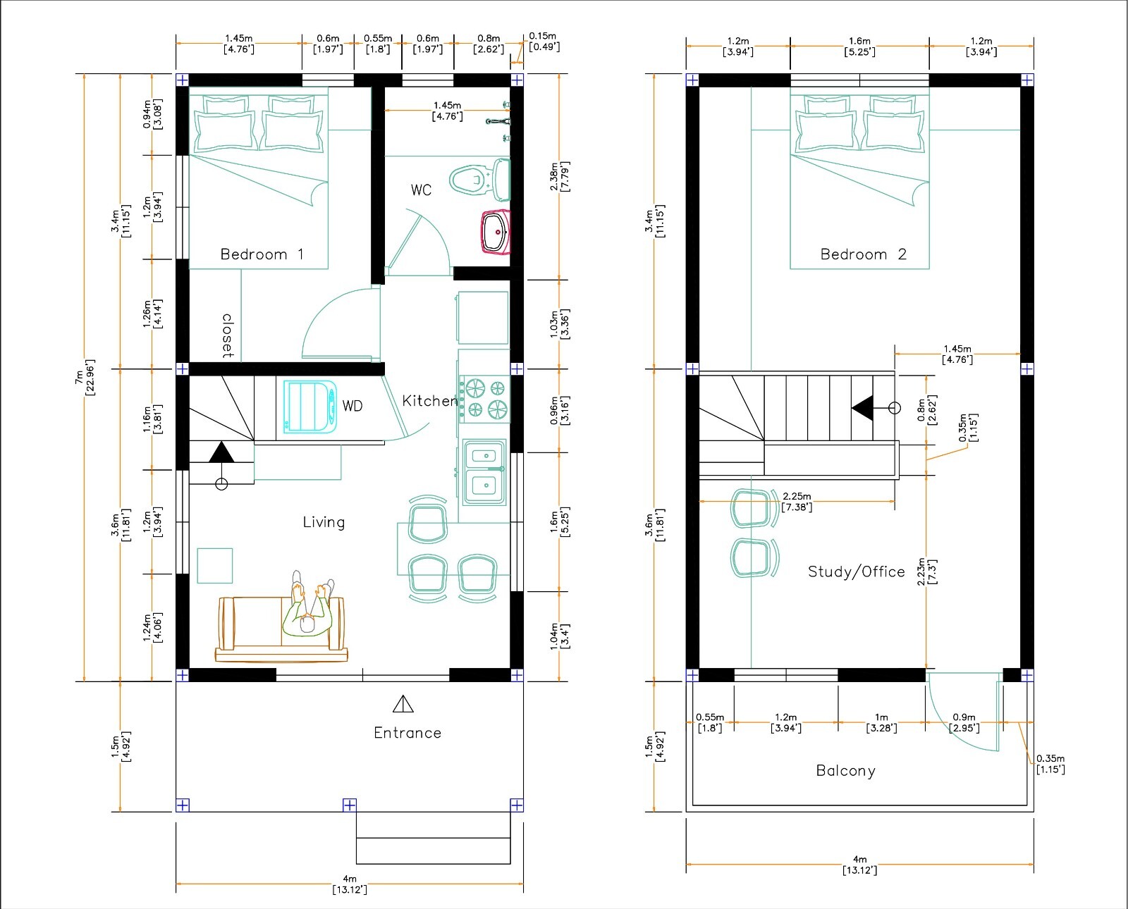 13×23 Feet Small House Design 4×7 Meter 2 Beds 1 Bath Shed Roof (A4 Hard Copy)